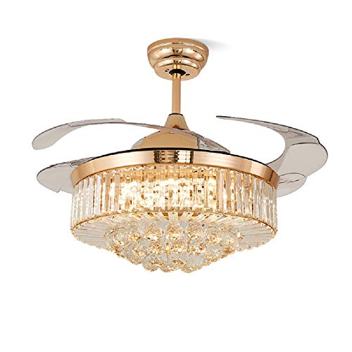 Lighting Groups 42" Retractable Ceiling Fan with 3-Color LED Light Remote Control 6 Speed Reversible Fandelier for Living Room Bedroom Invisible Blade Ceiling Fan Indoor Light (Gold-06)