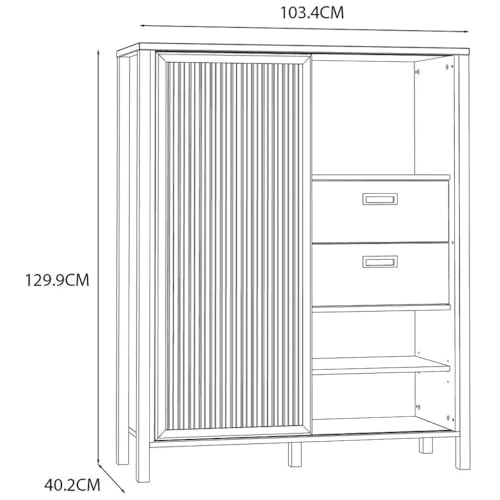 Forte JYTANA Schrank 100 105, skandinavischer Schrank mit 2 Schubladen, Schranktür und 3 offenen Fächern, Mauvella Eiche mit Schwarz, 103,4 cm breit x 129,9 cm hoch x 40,2 cm tief