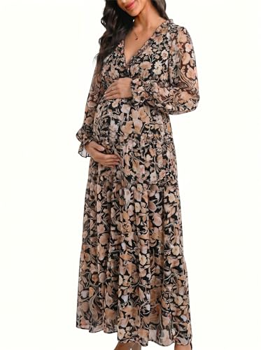 BLENCOT Women's Casual Boho Floral Printed Deep V Neck Loose Long Sleeve Long Evening Dress Ruched Cocktail Party Maxi Wedding Dress Black Large
