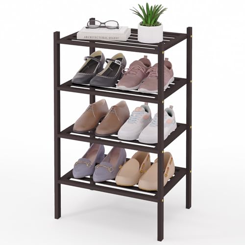 Image of Smiry Bamboo Shoe Rack, 5 Horizontal Slats, 4 Tier - 17.3 inch Wide, Brown