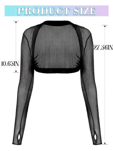 JAKAWIN Women’s Mesh Bolero Shrug See Through Crop Tops Long Sleeve Black Sheer Blouse Top2