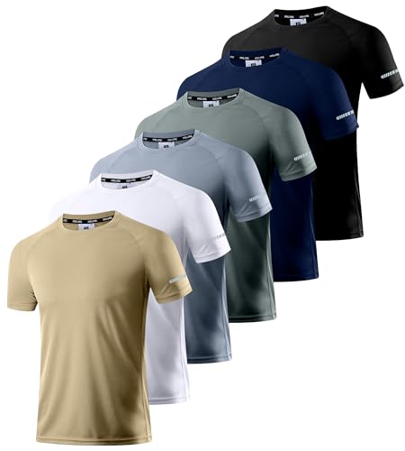 Holure Men's Quick-Dry Sportswear T-Shirts,6 Pack Breathable Moisture Wicking Gym Tops for Training & Workout,Short Sleeve Tees Black/Navy/Dark Grey/Grey/White/Khaki 6P02-L