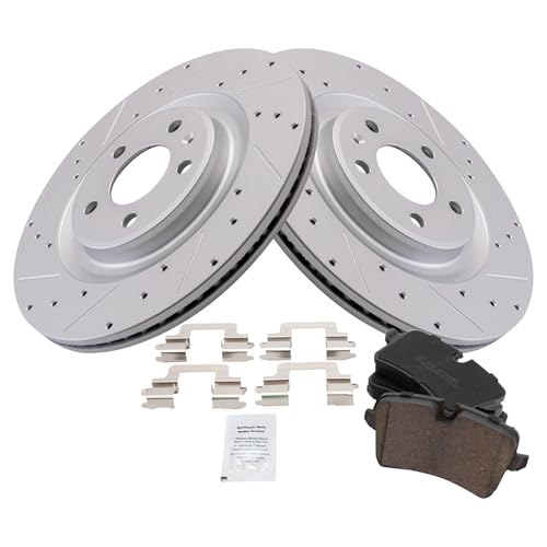 Image of TRQ Performance Rear Brake Pad and Rotor Set Ceramic Coated Drilled Slotted Rotors Compatible with 2014-2018 Audi A6 2012-2018 A6 Quattro 2012-2018 A7 Quattro 2013-2014 A8