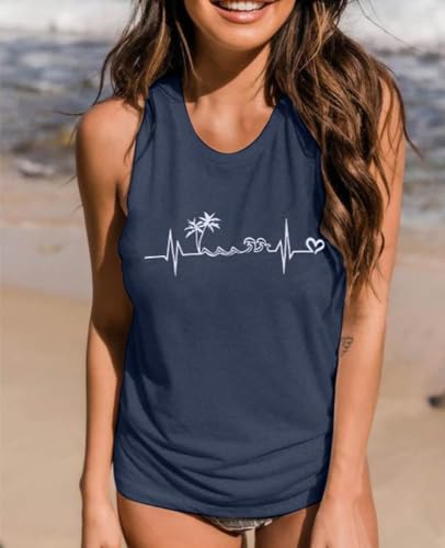 ALLTB Beach Tank Tops Women Beach Waves Sleeveless Shirt Hawaiian Ocean Vest Heartbeat Tank Summer Family Vacation Tanks2
