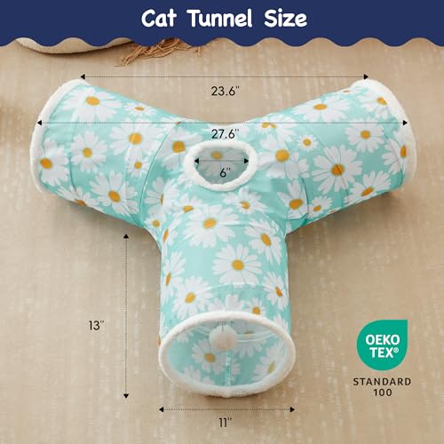 Image of Tempcore Cat Tunnel for Indoor Cats, 3 Way Collapsible Pet Play Tunnel with Teaser Wand, Peek Holes & Hanging Ball, Interactive Tube for Kittens & Rabbits, Daisy Blue Printed