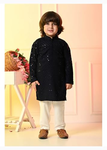 Image of Kids Traditional Black Sequined Kurta with Mandarin Collar, Cotton Blend, Ethnic Formal Wear