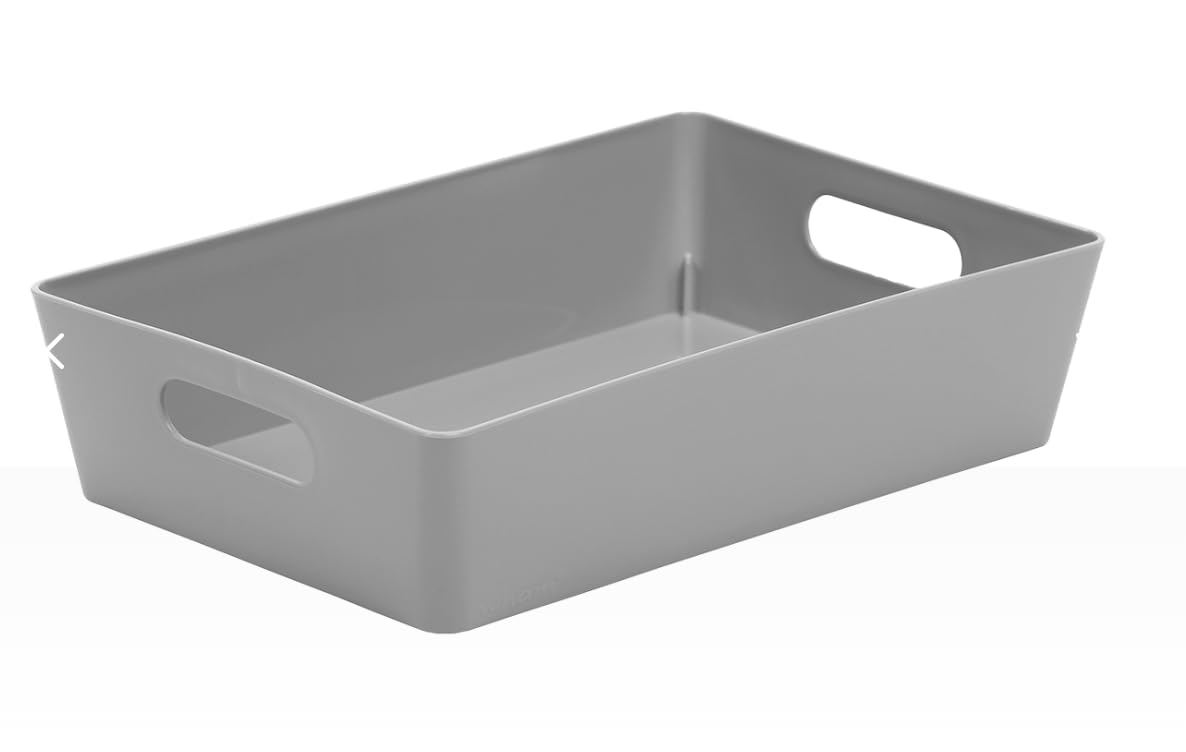 Muddy Hands Pack of 2 Plastic Storage Baskets with Handles – Small Shallow, Grey Rectangular Storage Boxes – Heavy Duty Organiser for Kitchen, Bathroom, Bedroom & Office