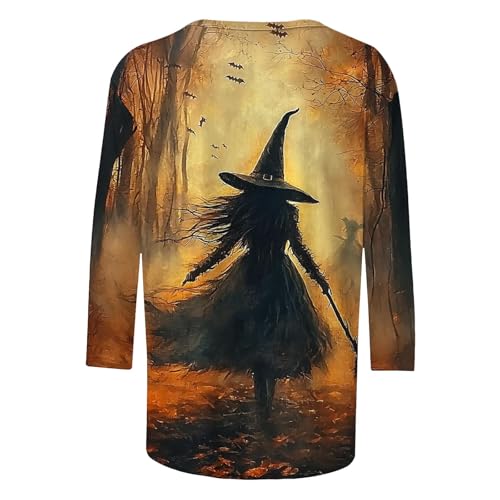 2025 Halloween Shirts for Women 3/4 Sleeve Witch Graphic Tees Vintage Festival Tops Crew Neck Sweatshirts Funny Gifts4