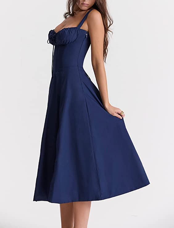 Women Y2k Square Neck Long Dress Low Cut Sleeveless Midi Dress Bustier Lace Trim Spaghetti Strap Going Out Swing Sundress4