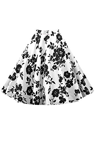 Misshow Jupe Femme Fille Ado Imprimée à Fleurs Mi Longue Swing Rockabilly Pin up année 50s Noir S Cover