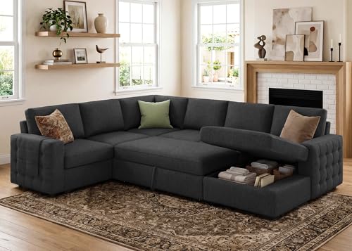 Image of HONBAY Sectional Sleeper Sofa with Pull-Out Bed Storage Chaise, 6 Seater Couch for Living Room, Dark Grey