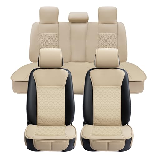 Image of Elantrip Car Seat Cover Full Set Leather Car Seat Protector Universal fit for Most Cars SUVs and Trucks Water Proof Front and Rear Seat Protector Beige