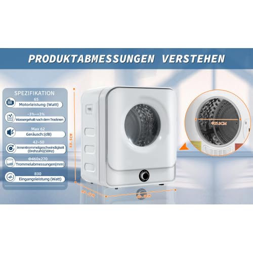 Secador de acero inoxidable, montaje en pared, capacidad máxima de 4,5 kg, calefacción de cerámica PTC, pantalla transparente, 5 programas, moderno secador de aire para espacios pequeños