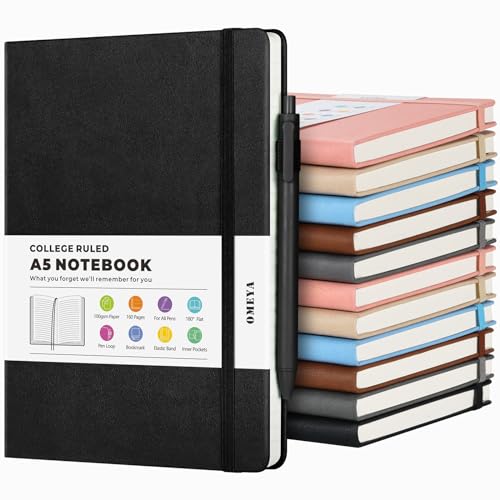 OMEYA - 12 Pack Journal Notebooks for Work with 12 Pens, A5 Hardcover Notebook，Business Notebooks Bulk, College Ruled Notebook for Men, Leather Journal for Writing, 160 Pages, 100GSM Thick Paper (5.7" x 8.3")