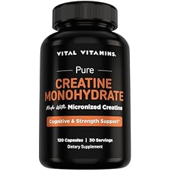 Vital Vitamins Creatine Monohydrate Pills, 3g for Women & Men | Supports Muscle Health, Energy & Cognitive Clarity, Micronized, Easy to Swallow, Non-GMO, 120 Capsules