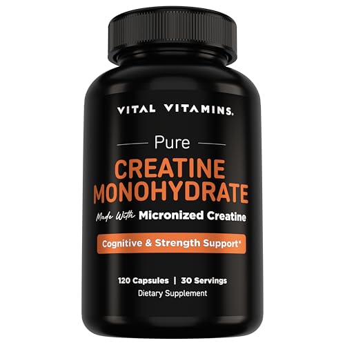 Vital Vitamins Creatine Monohydrate Pills, 3g per Serving, 120 Capsules, for Women & Men, Non-GMO, Vegan, Keto-Friendly, Muscle Strength & Cognitive Support