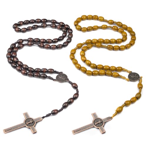 YUVKIN 2 piezas Collar Rosario de Madera Natural, Crucifijo Colgante Hombre Mujer, Cruz Católica, Rosarios Religiosos, Jesús Cristo, para Cristianos Católicos, Misa, Biblia, Comunión, Bautismo