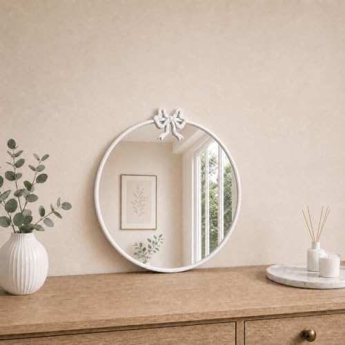 Image of 16 Inch White Circle Mirror Round Wall Mirror Vintage Bow Mirror Decor