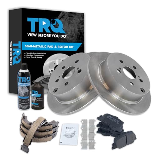 Image of TRQ Rear Brake Pad & Rotor Kit, with Chemical Kit Parking Brake Shoe Set Semi-Metallic Compatible with 2005-2010 Scion tC