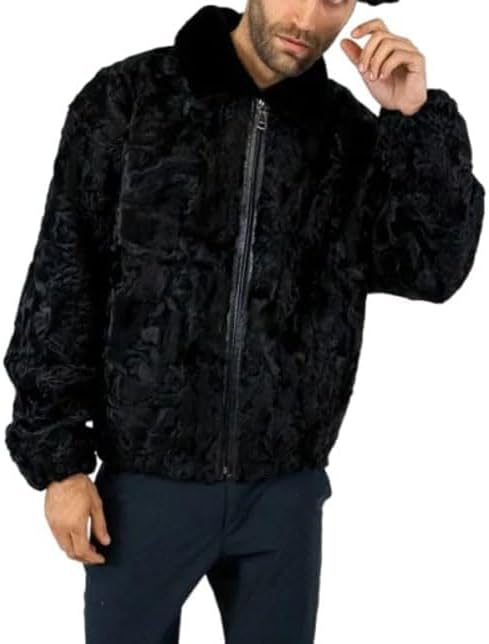 Men's Sheepskin Black Karakul Persian Jacket Pure Real Fur Collar Zipper Coat