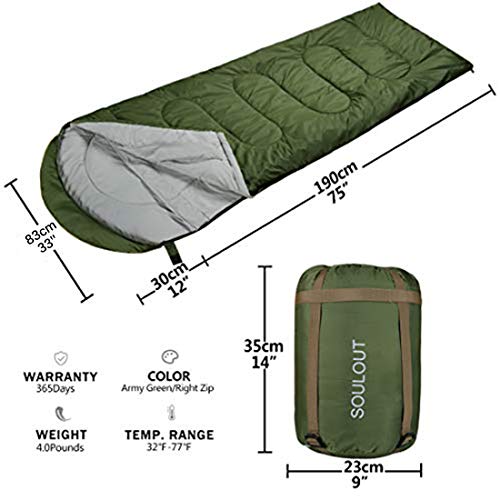Envelope Sleeping Bag - 4 Seasons Warm Cold Weather Lightweight, Portable, Waterproof with Compression Sack for Adults & Kids - Indoor & Outdoor Activities: Traveling, Camping, Backpacking, Hiking