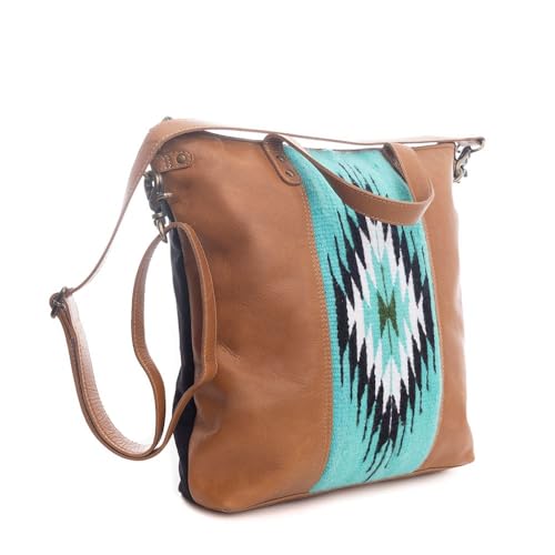 Myra Bag Shoulder Bag for Women - Western Upcycled Leather and Canvas Handbag Caramel & Teal