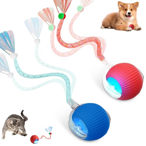 Supore Pallina Interattiva per Gatti, Giochi per Gatti Interattivi in Casa, Pallina Gatto Automatica Rotolante con Coda di Lucido, Intelligenti Giocattolo Palla per Cani e Gatto (Rosso+Blu)