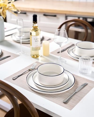 Image of Famiware Porcelain Dinnerware Set, 24-Piece Modern Plate and Bowl Set, dish set for 8, Microwave and Dishwasher Safe Tableware, White with Blue Trim
