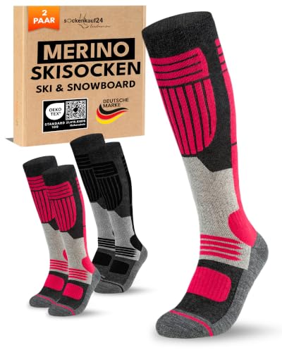 sockenkauf24 Damen Merino Skisocken 39-42 (2 Paar) Thermo Winter Kniestrümpfe mit Polsterung für Ski und Snowboard (Schwarz/Pink)