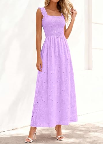 Image of KIRUNDO Summer Lace Dress for Women Eyelet Maxi Sundress | Boho Sleeveless Cotton Flowy Long Dresses, Wedding Guest, Beach Vacation, Baby Shower Guest Dress, Smocked Bust, With Pockets