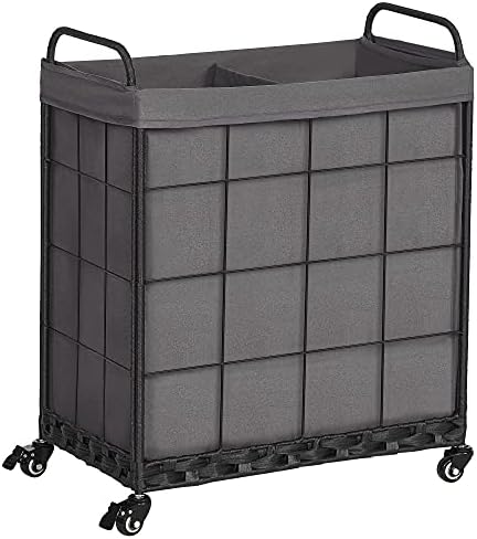 Laundry Hamper with Divided Liner Bag; Collapsible Laundry Basket with Rolling Lockable Wheels; Clothes Hamper with Metal Handle; Laundry Sorter with Removable Liner Bag (Grey)