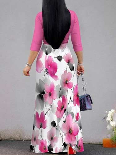 Image of SUZONANA Plus Size Dresses for Women Floral Print Maxi Dress Flowy 3 /4 Sleeve with Belt