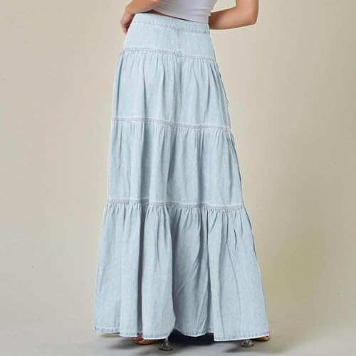 Womens Jean Long Skirts Tiered Denim High Waisted Western Cowgirl Maxi Skirts A Line Pleated Layers Chino Skirt4