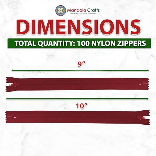 Image of Mandala Crafts 100 PCs Burgundy Closed-End 10 Inch Nylon Zippers for Sewing