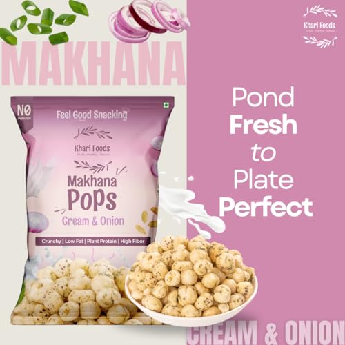 Image of Khari Foods Premium Flavoured Makhana 25g, Crunchy & Roasted Makhana Pops, Protein Source, Fibre Rich, No Palm Oil, Gluten Free (Cream & Onion Pack 4)