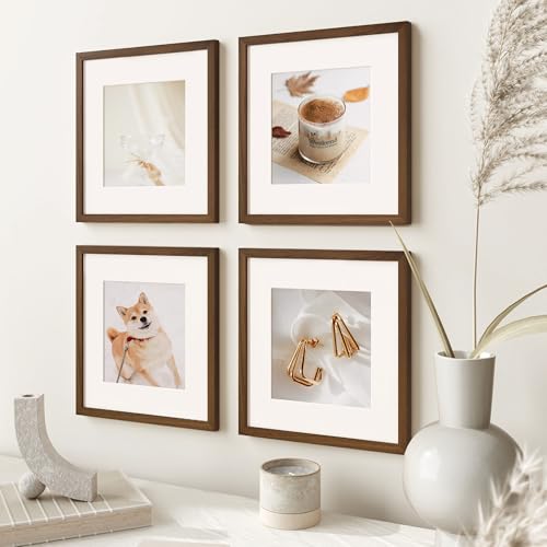 Image of FLYJOE 12x12 Oak Wood Square Picture Frame with Mat for 8x8, 12 by 12 USA-Sourced Natural Solid Wooden Photo Frame for Wall, Shatterproof Plexiglass, Hanging Hardware Included, 1 Pack, Walnut Color