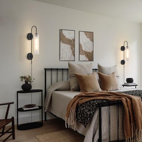 Image of BOKT Black Wall Lights Plug in for Bedroom, Frosted Milky White Glass Wall Sconce Decor, Large Modern Wall Sconces for Living Room