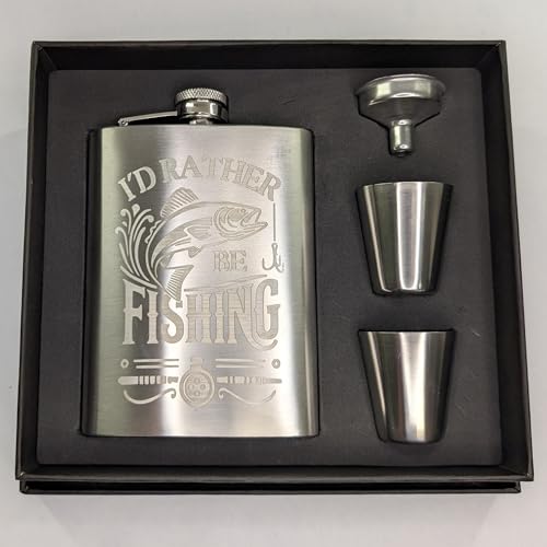 I'd Rather Be Fishing Flask Gift Set: Hip Flask with 2 Shot Glasses and Funnel (Silver, Flask Gift