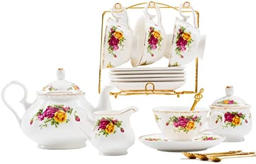 Daveinmic 22-Pieces Porcelain Tea Set,Vintage Floral Tea Gift Sets,Cups& Saucer Service for 6, with Spoons,Teapot,Sugar Bowl,Creamer Pitcher and Golden Metal Rack for Home&Party(Rose Flowers Set)