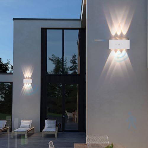 Aplique LED de Pared para Exterior con Sensor de Movimiento, IP65, Impermeable, Recargable por USB, Control táctil, 2700K/4500K/6500K, para balcón, jardín y terraza (Negro, 6 focos) (Blanco, 4 fo