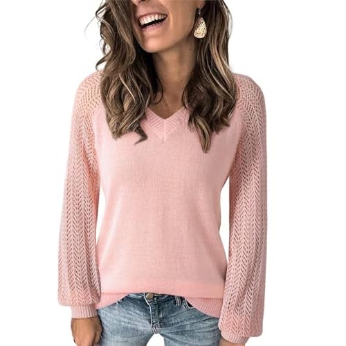 Dokotoo Women’s Casual V-Neck Long Sleeve Sweaters Solid Color Pullover Knit Sweater Jumper Tops