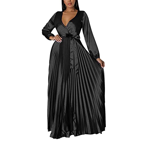 Women Pleated A Line Maxi Dress Formal Long Sleeve Wedding Guest Party  Dresses with Belt : Clothing, Shoes & Jewelry