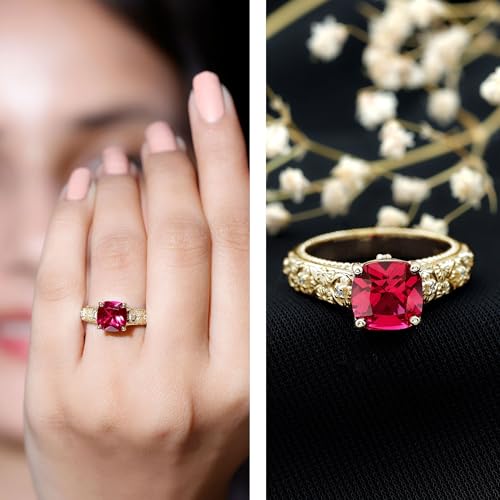 Certified 8mm Cushion Lab Grown Ruby Vintage Style Engagement Ring, AAAA Quality, Ruby and Diamond Ring (Ideal For Gift)2