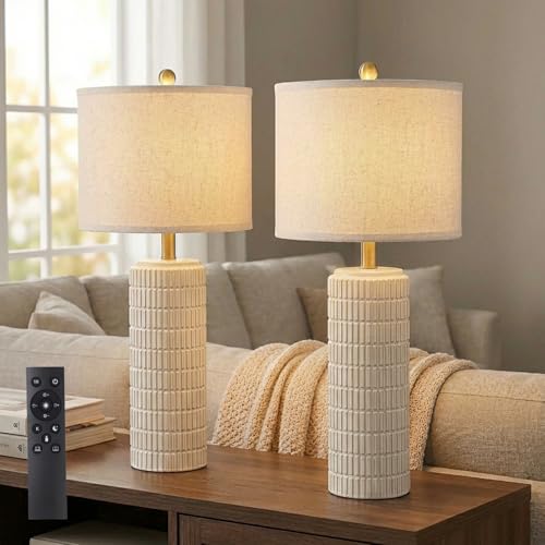 Tischlampen Leinenschirm 2er Set, H57cm LED Nachttischlampe Keramikfuß mit Timer 3 Farbtemperaturen Dimmbar, Inkl. E27-Birnen, Moderne Tischleuchte für Nachttisch Schlafzimmer Wohnzimmer Büro Lese