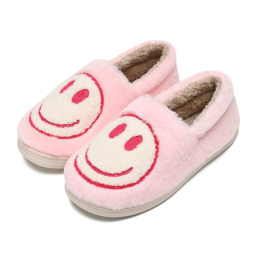 Smile Face Slippers,Retro Soft Plush Smile Fleece Lined House Shoes for Women Fuzzy Memory Foam Closed Back Slippers Anti Skid TPR Soft Sole2