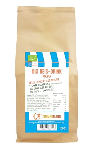 BIO Reis-Drink Pulver 1000g - Neue Qualität aus Belgien - veganer Milchersatz - Laktosefreier + glutenfreier Reisdrink - von Zimmermann Sportnahrung