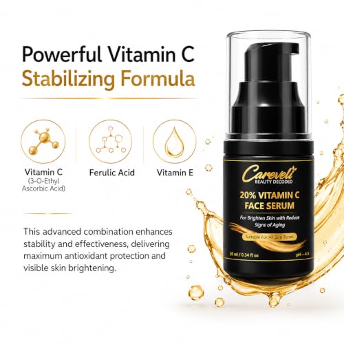 Image of 20% Vitamin C Face Serum with 5% Niacinamide, 1% Hyaluronic Acid, 0.5% Ferulic Acid & 0.1% Vitamin E | Advanced Brightening Serum for Glowing Skin, Dark Spots Appearance, Uneven Tone, Fine Lines & Radiance | 10 ml