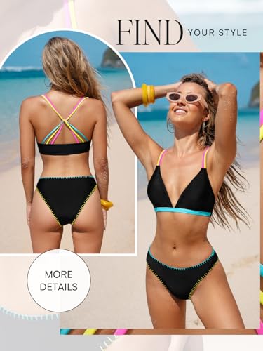CUPSHE Women's Bikini Sets Two Piece Swimsuit V Neck Crisscross Back Low Rise Stitching Cheeky Bottom2