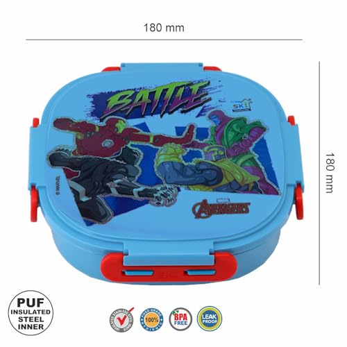 Image of SKI Baker Steel Lunch Box for Kids, 3 Compartment Insulated School Tiffin with Spoon, Leak-Proof, BPA Free, Bento Box for Boys & Girls, Birthday Gifts, Party Favours - Avengers