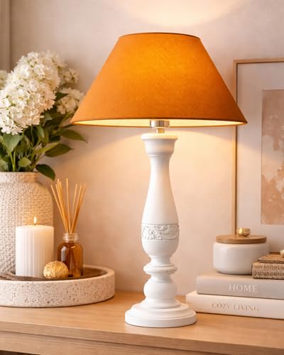 Image of Homesake Handcrafted Wooden Table Lamp for Bedroom & Living Room|Decorative Bedside Reading Lamp with Fabric Shade, E27 Holder|Bulb Included|White Floral Carved Base for Home Decor, Golden